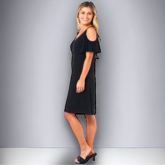 New MSK Cold Shoulder A-Line Little Black Dress Size MP Medium Petite - Picture 3 of 5